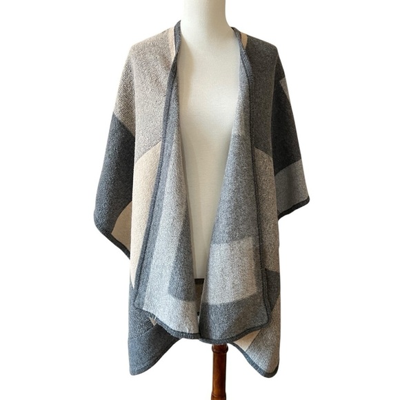 MERCANTILE PORTLAND LUXURY WRAP SHAWL CAPE COLORBLOCK  WOOL COUNTRY CHIC MODERN - Picture 2 of 10